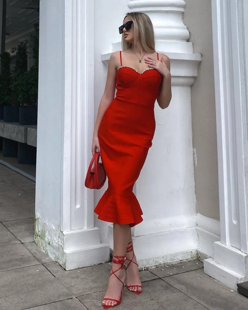 Strappy Crystal Midi Fishtail Bandage Dress