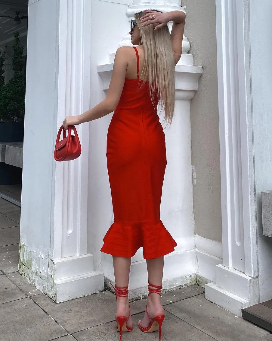 Strappy Crystal Midi Fishtail Bandage Dress