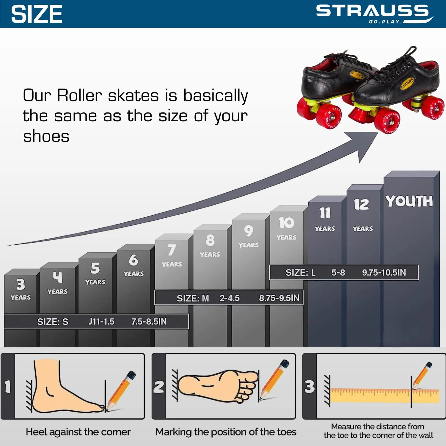 STRAUSS Gripper Skating Shoes - Fixed Body Roller Skates | Adjustable Fit | Size 5 | Red/Black
