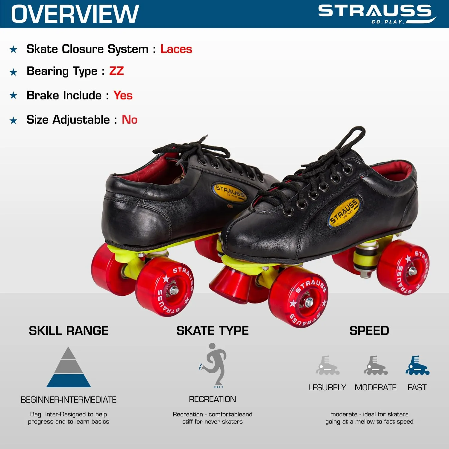 STRAUSS Gripper Skating Shoes - Fixed Body Roller Skates | Adjustable Fit | Size 5 | Red/Black