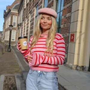 Streep top ruffle roze