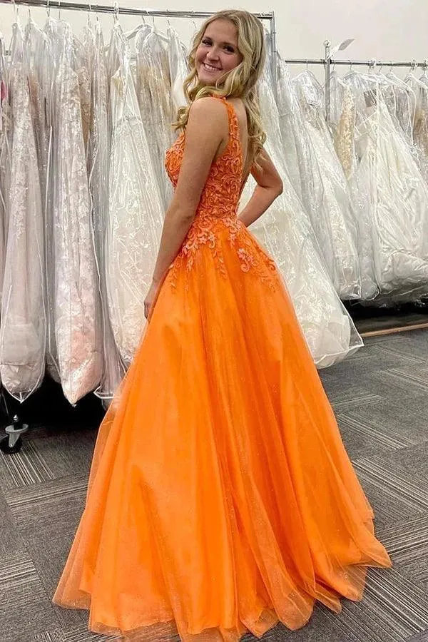 Stunning Orange A-Line V-Neck Long Tulle Appliques Prom Dress TP1221