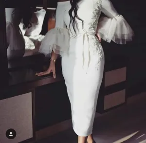 tea length white evening dresses long sleeve 2020 mermaid lace applique cheap evening gown casemento