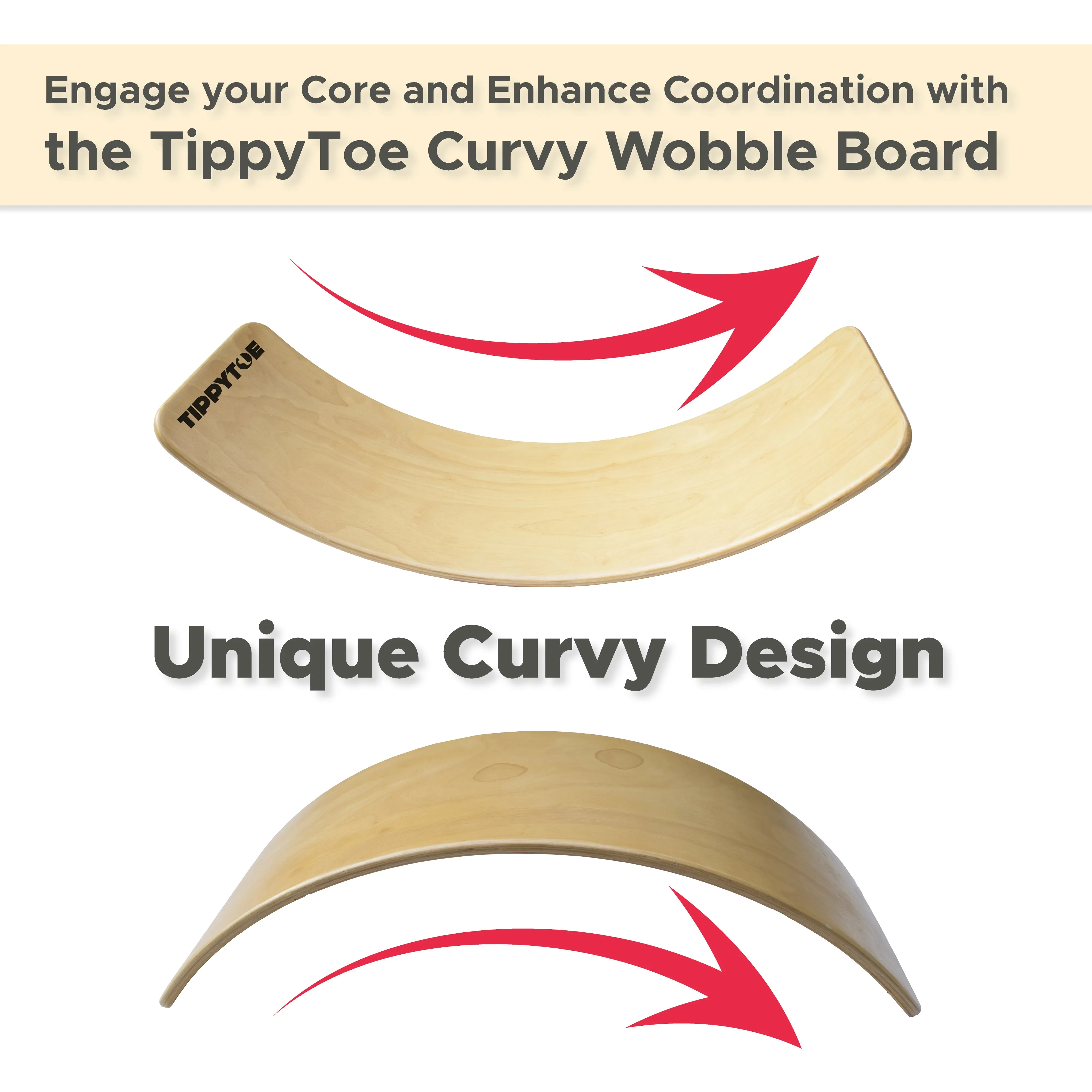 TippyToe Kids Balance Board Wooden Wobble Board, Toddler, Yoga Curvy Board,Rocker Board Natural Wood for Kids,Adults