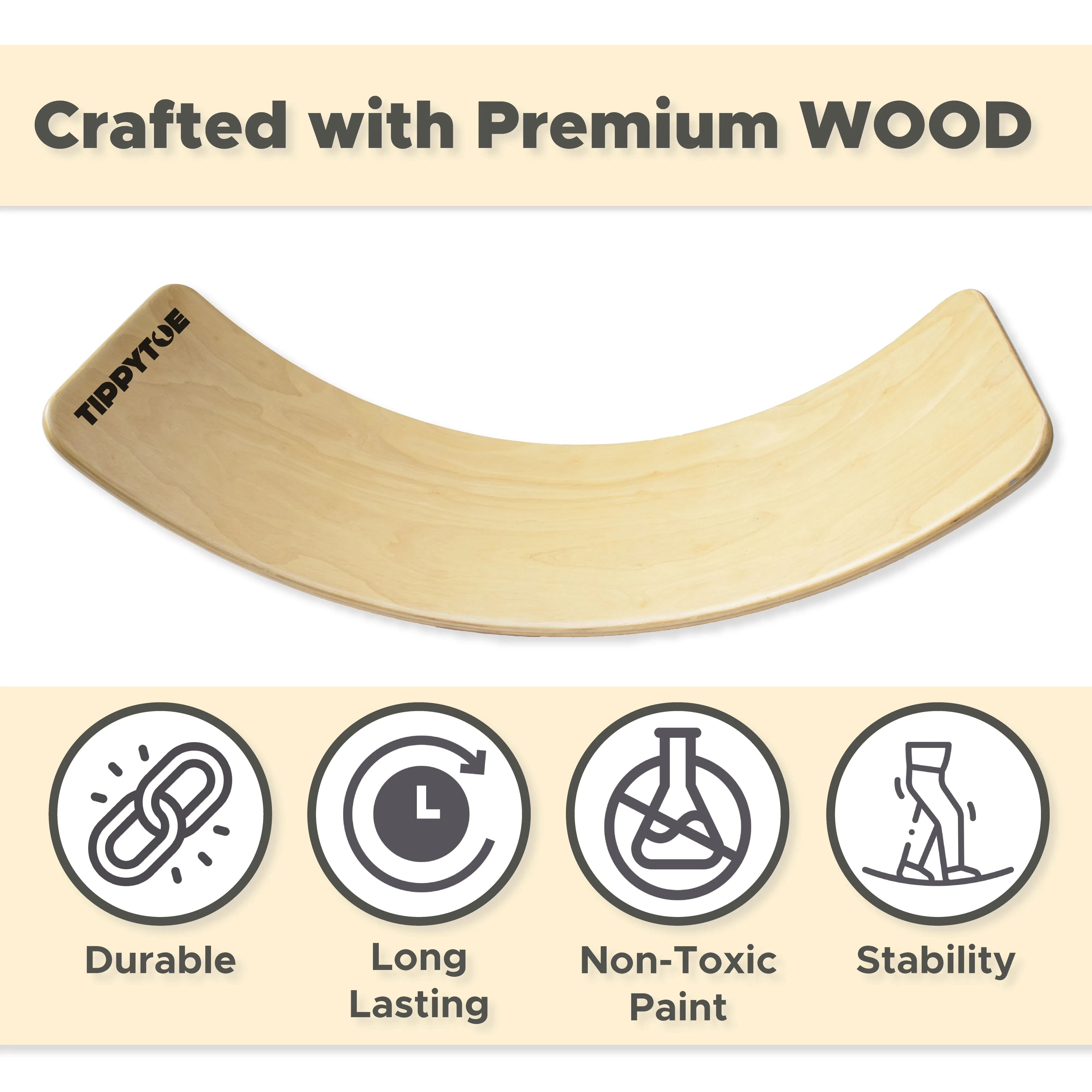 TippyToe Kids Balance Board Wooden Wobble Board, Toddler, Yoga Curvy Board,Rocker Board Natural Wood for Kids,Adults