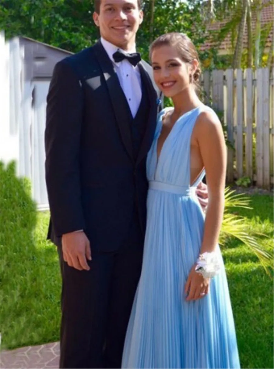 V neck Blue Prom Dress,Chiffon Long Prom Dress,Sexy Backless Prom Evening Dress,Sexy Prom Dress