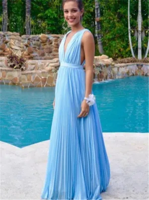 V neck Blue Prom Dress,Chiffon Long Prom Dress,Sexy Backless Prom Evening Dress,Sexy Prom Dress