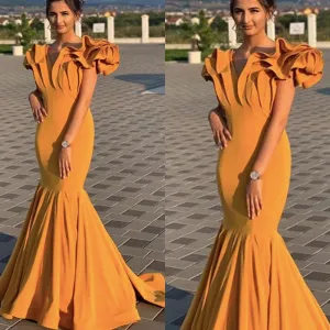 v neck mermaid evening dresses long yellow elegant unique modest evening gown formal dress vestido de longo