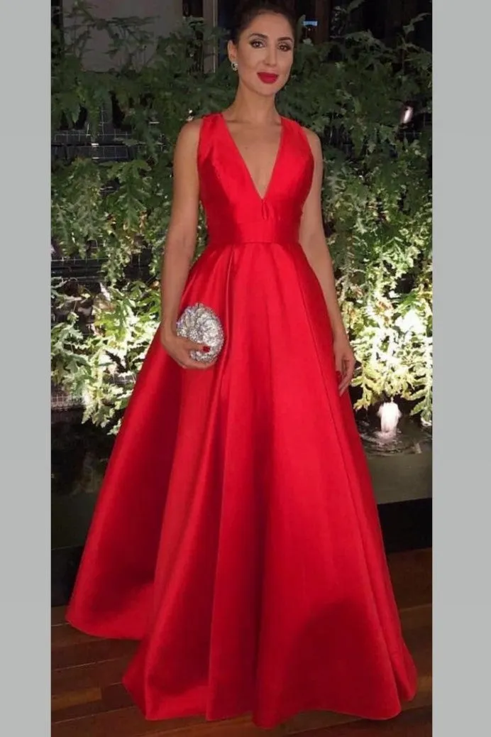 V-neckline Satin Red Prom Gown with Bow Embellished Back