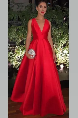 V-neckline Satin Red Prom Gown with Bow Embellished Back