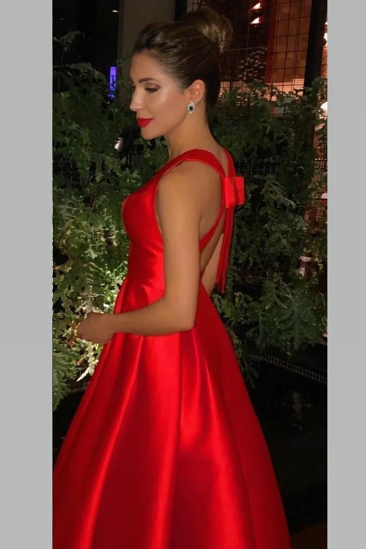 V-neckline Satin Red Prom Gown with Bow Embellished Back