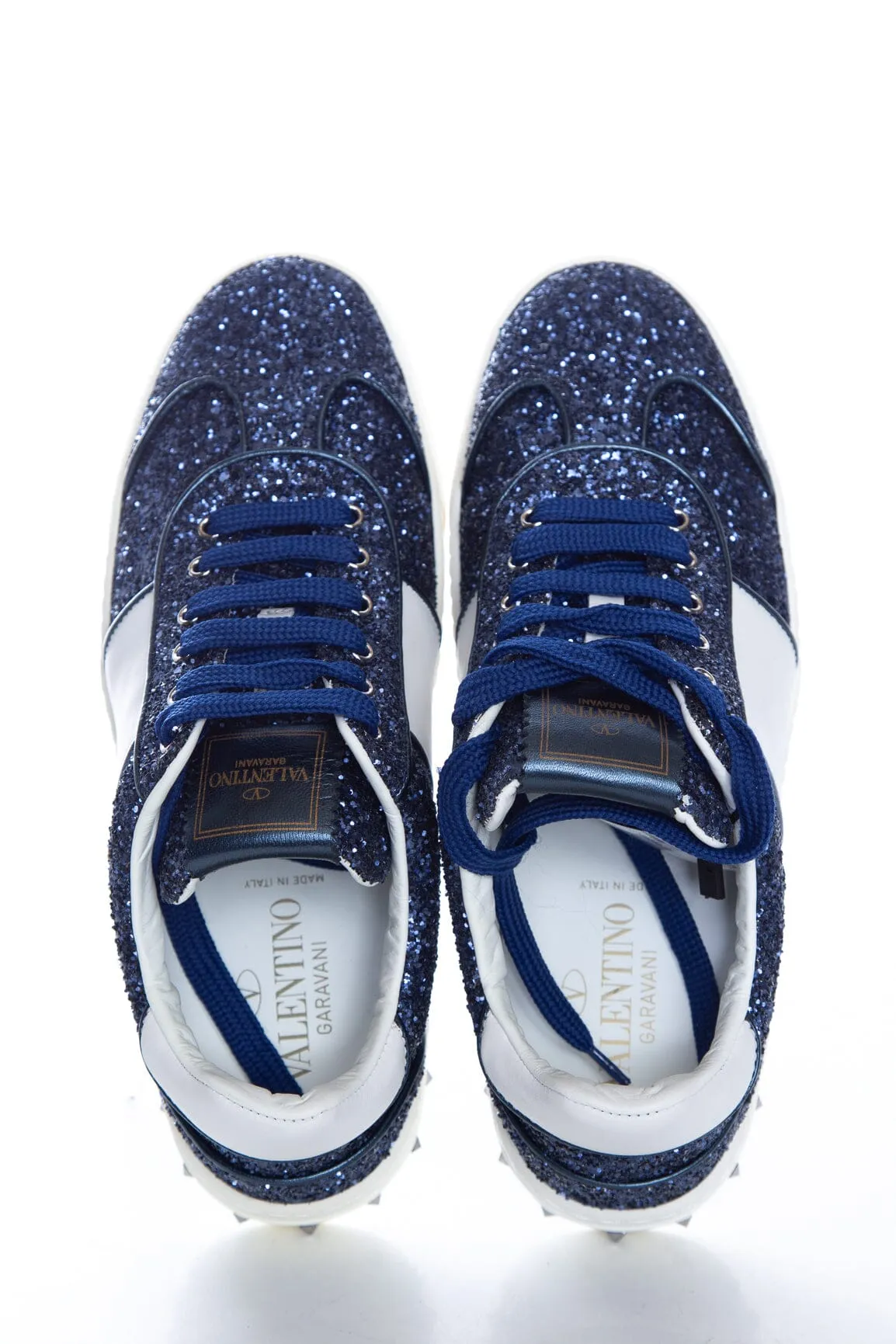 Valentino Blue and White Glitter Lace Up Sneakers SZ 37