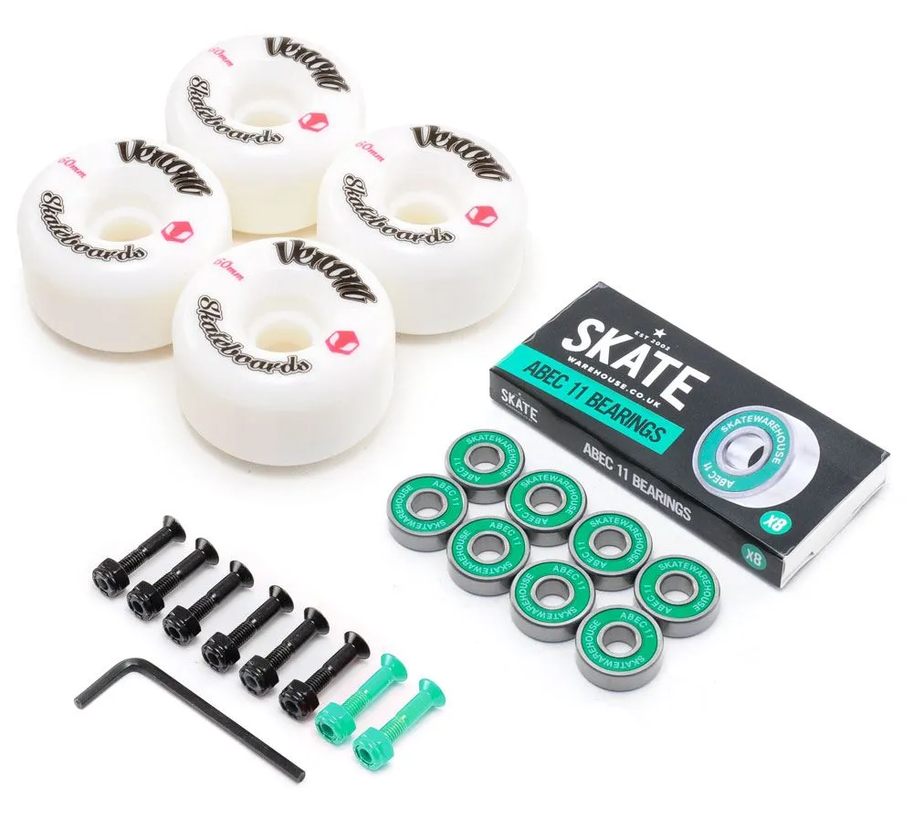 Venom Skateboards Logo White Skateboard Wheels & Skatewarehouse ABEC 11 Bearings Pack   Bolts!