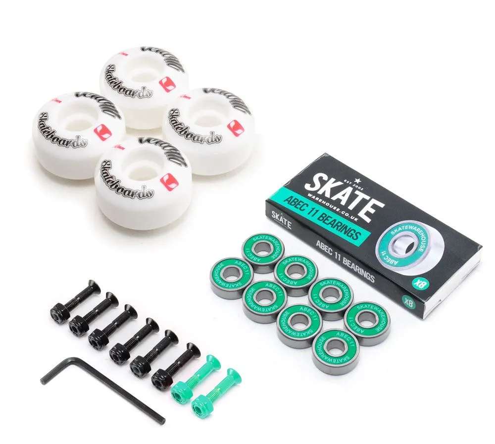 Venom Skateboards Logo White Skateboard Wheels & Skatewarehouse ABEC 11 Bearings Pack   Bolts!