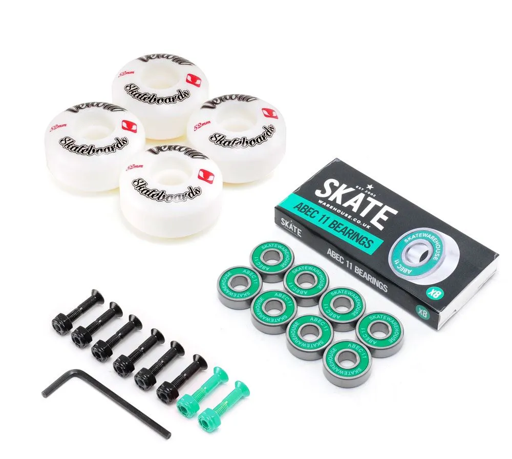 Venom Skateboards Logo White Skateboard Wheels & Skatewarehouse ABEC 11 Bearings Pack   Bolts!