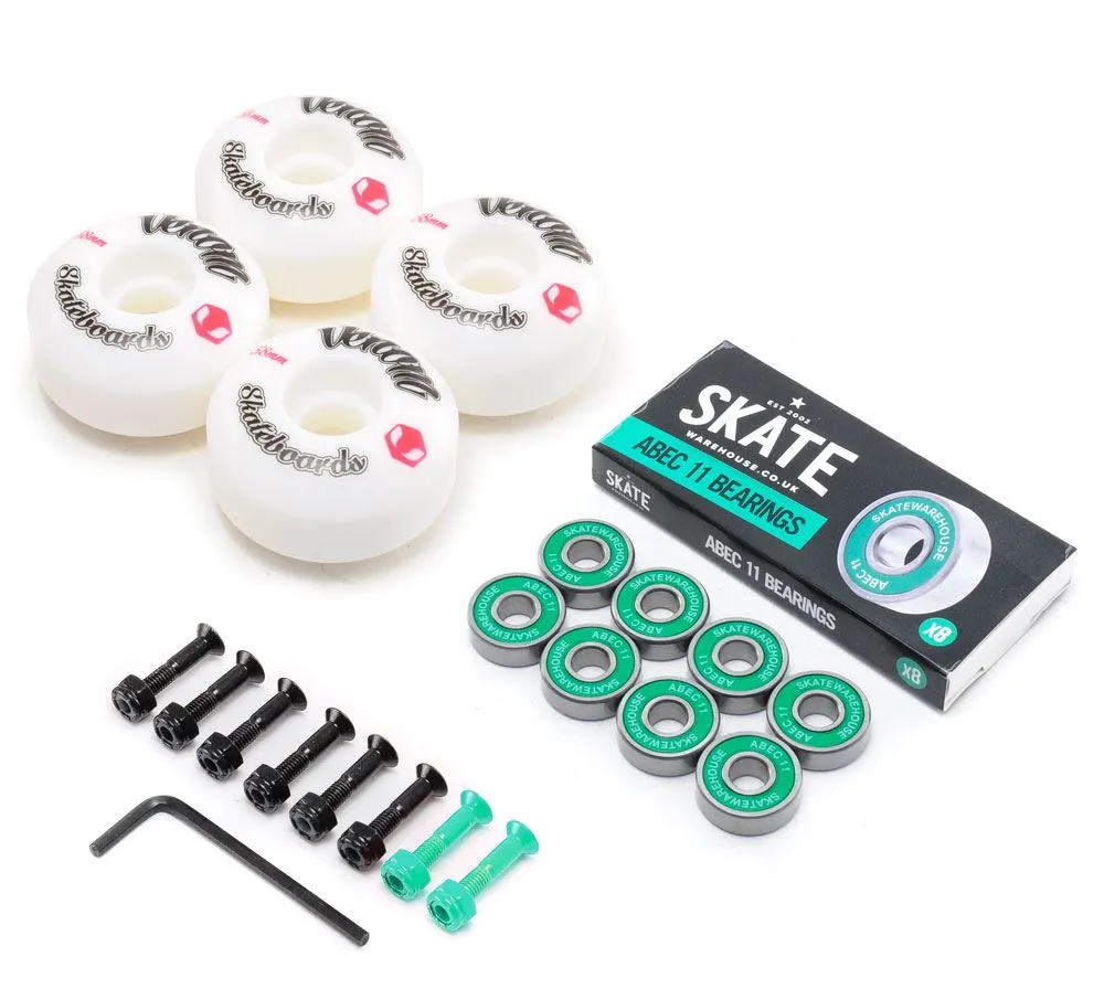 Venom Skateboards Logo White Skateboard Wheels & Skatewarehouse ABEC 11 Bearings Pack   Bolts!
