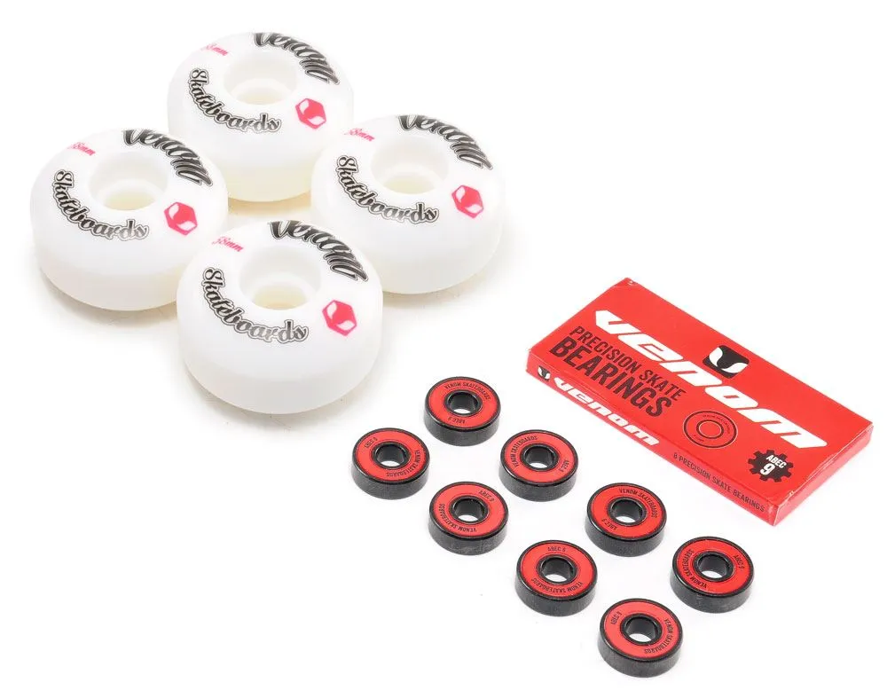 Venom Skateboards Logo White Skateboard Wheels & Venom ABEC 9 Bearings Pack