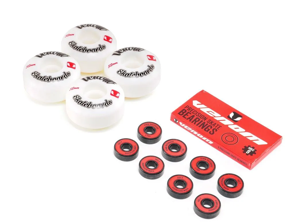 Venom Skateboards Logo White Skateboard Wheels & Venom ABEC 9 Bearings Pack