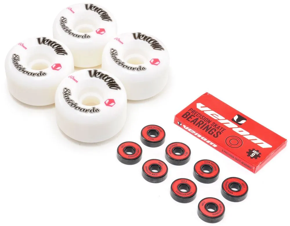 Venom Skateboards Logo White Skateboard Wheels & Venom ABEC 9 Bearings Pack