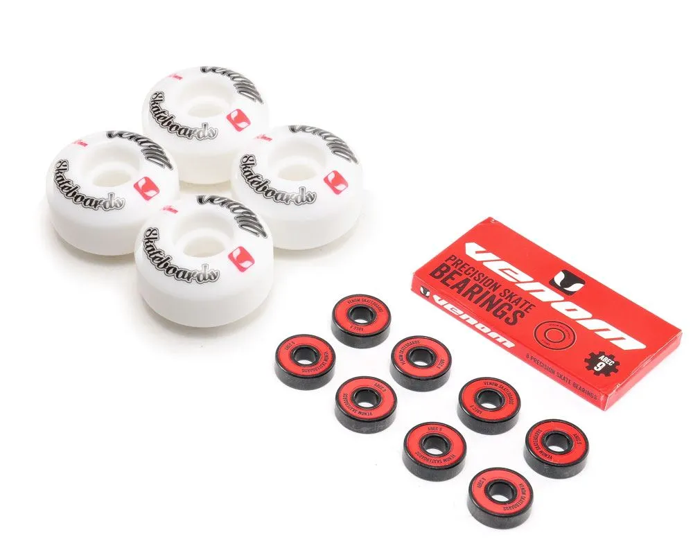 Venom Skateboards Logo White Skateboard Wheels & Venom ABEC 9 Bearings Pack
