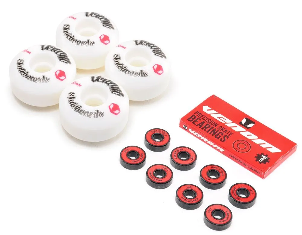 Venom Skateboards Logo White Skateboard Wheels & Venom ABEC 9 Bearings Pack