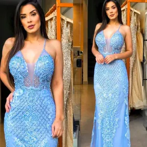 vestido de fiesta blue beaded evening dresses long spaghetti straps lace applique v neck sexy formal dress