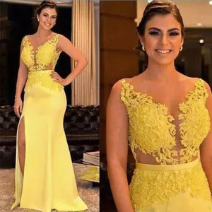 vestido de fiesta de longo yellow lace applique evening dresses mermaid modest beaded elegant evening gown