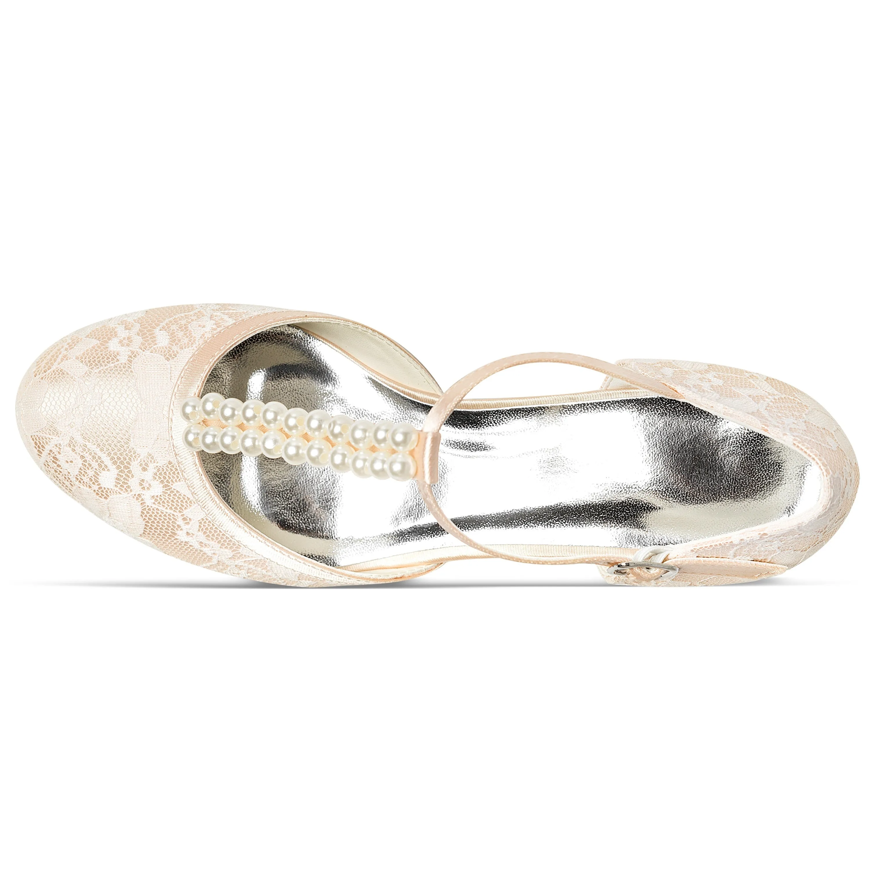 VougeVamp Elegant T-Strap Lace Satin Pumps – Closed-Toe Low Heel Bridal Wedding Shoes