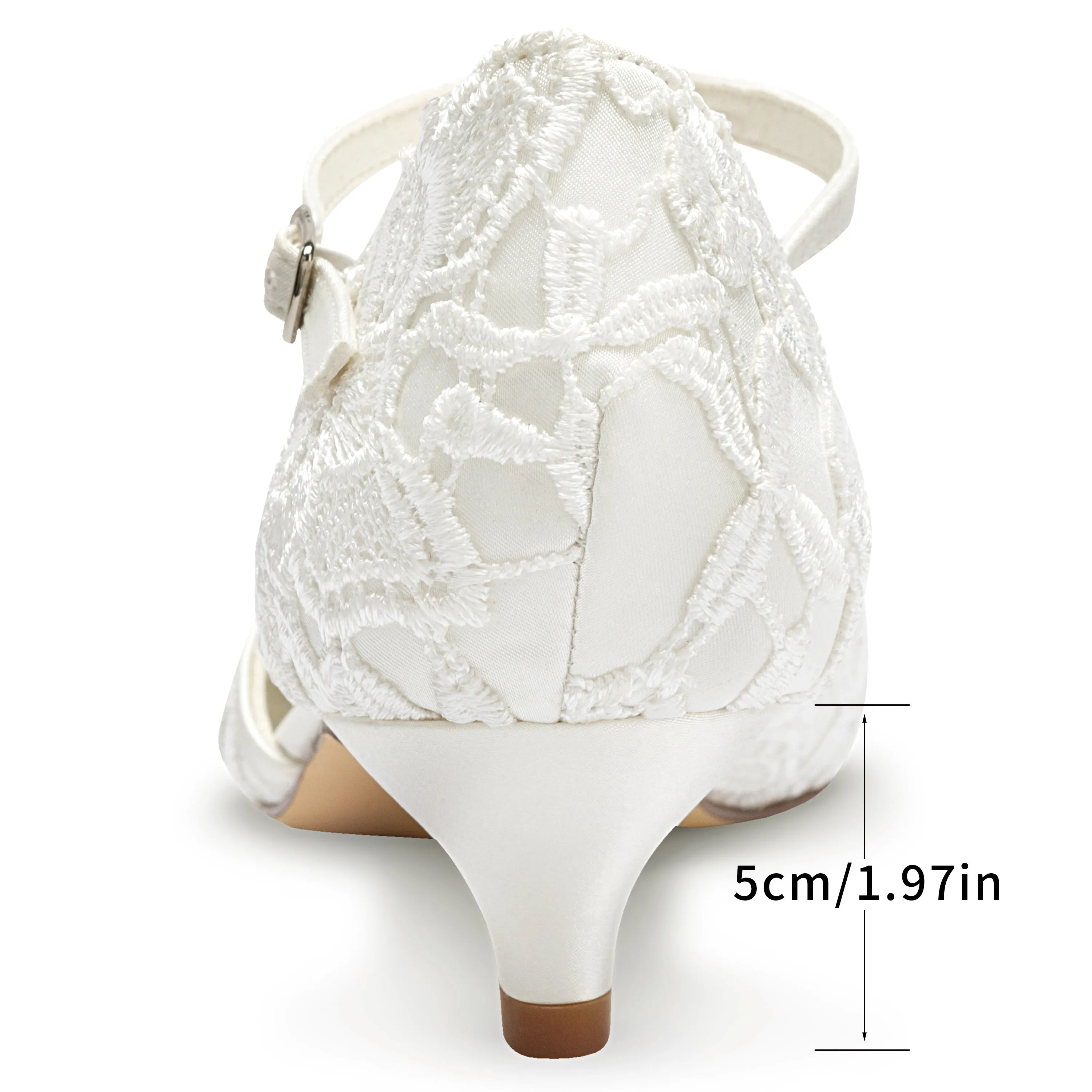 VougeVamp Elegant T-Strap Lace Satin Pumps – Closed-Toe Low Heel Bridal Wedding Shoes