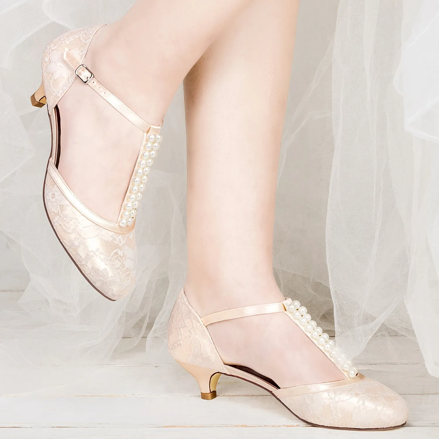 VougeVamp Elegant T-Strap Lace Satin Pumps – Closed-Toe Low Heel Bridal Wedding Shoes