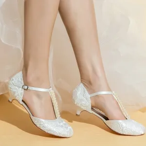 VougeVamp Elegant T-Strap Lace Satin Pumps – Closed-Toe Low Heel Bridal Wedding Shoes