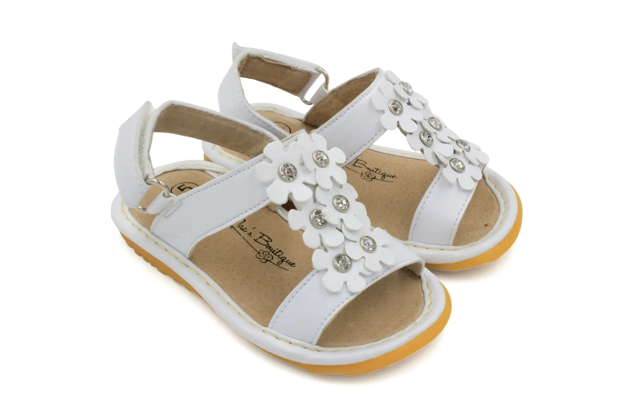 White Crystal Flowers Girl Squeaky Sandals