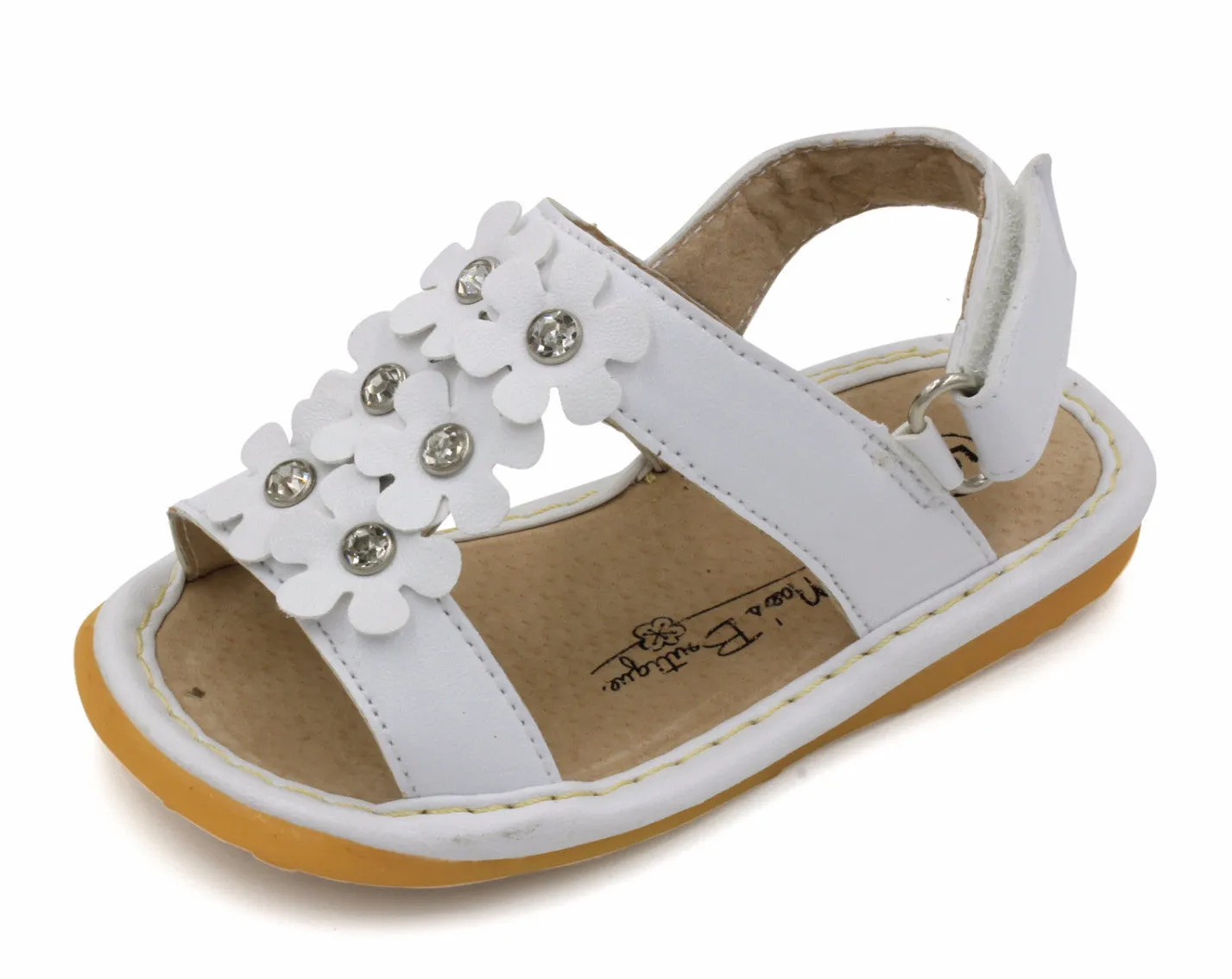 White Crystal Flowers Girl Squeaky Sandals