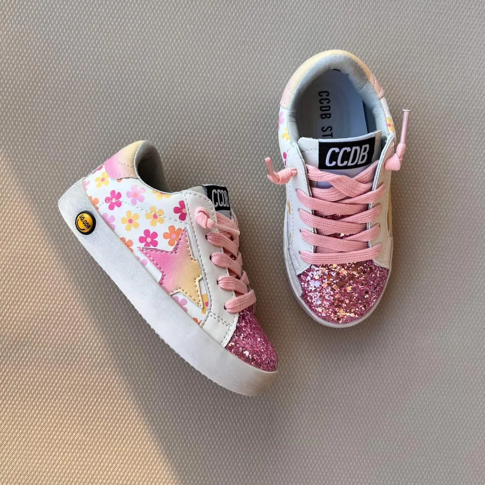 White with Flower Print Pink Glitter Accent -PreORder