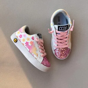 White with Flower Print Pink Glitter Accent -PreORder