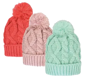 Winter-Hats Girls Fleece Lined Cable Solid Knit Cuff Pom Hat
