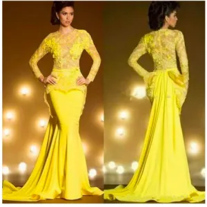 yellow evening dresses long sleeve elegant mermaid pleated lace applique evening gown mother of the bride dresses