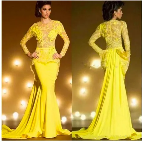 yellow evening dresses long sleeve elegant mermaid pleated lace applique evening gown mother of the bride dresses