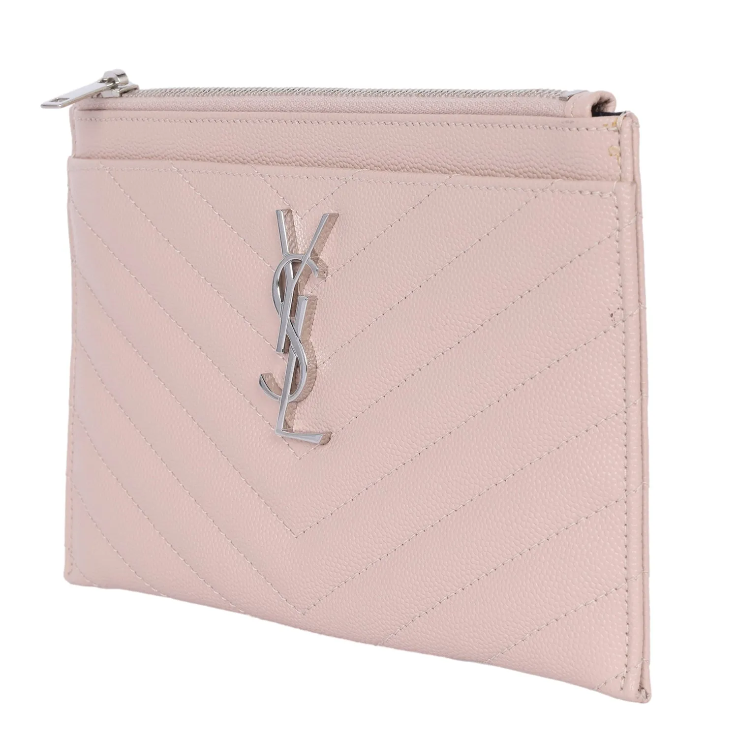 YSL Grain De Poudre Chevron Monogram Bill Pouch Dark Beige